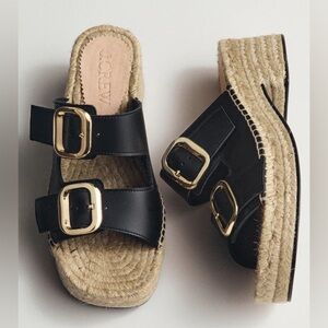 J. Crew Made in Spain Black Leather Gold Buckle Block Heel Espadrilles
